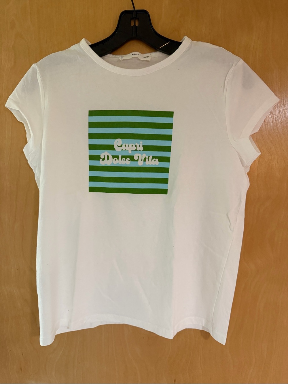 Mango White Tee with Green & Light Blue Stripe Graphic - Capri Dolce Vita